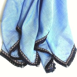 Blue Ethnic Square Scarf Embroidered Trim Fringe